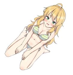  1girl :d aa211108 ahoge bare_legs bare_shoulders barefoot bikini blonde_hair blush breasts cleavage collarbone dot_nose from_above full_body green_eyes hair_between_eyes hair_over_shoulder hands_on_own_thighs hoshii_miki idolmaster idolmaster_(classic) idolmaster_million_live! idolmaster_million_live!_theater_days large_breasts long_hair looking_at_viewer navel open_mouth sidelocks simple_background sitting smile solo striped_bikini striped_clothes swimsuit very_long_hair wariza wavy_hair white_background 