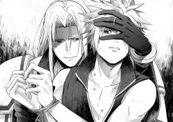  2boys armor bdsm bondage bound bound_wrists bracer cloud_strife final_fantasy final_fantasy_vii final_fantasy_vii_advent_children gloves greyscale grin hand_on_another&#039;s_face hickey high_collar highres holding_another&#039;s_wrist imminent_rape long_bangs long_hair looking_at_another male_focus monochrome multiple_boys open_clothes open_vest parted_bangs parted_lips pauldrons screentones sephiroth shoulder_armor smile spiked_hair sweatdrop upper_body vest yaoi yunyunonigiri 