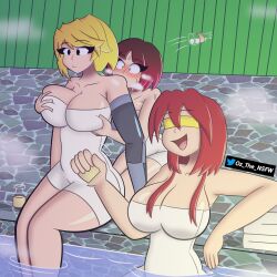 alisha ass bathtub bete_noire betty_noire big_boob blonde_hair blush blushing_girls_are_cute_(template) breasts brown_hair covered_eyes elia glitchtale green_eyes green_wall mechanical_arms multiple_drawing_challenge red_hair single_mechanical_arm towel z!betty