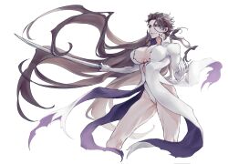  1girl aizen_sousuke bleach breasts bright_pupils brown_hair colored_sclera commentary_request cropped_legs dress feet_out_of_frame floating_clothes floating_hair genderswap genderswap_(mtf) hair_between_eyes hair_slicked_back hands_up highres holding holding_sword holding_weapon katana korean_commentary large_breasts leotard lips long_hair long_sleeves looking_at_viewer losloslaus orange_dress parted_lips purple_sclera simple_background smile smirk solo standing sword v-shaped_eyebrows very_long_hair weapon white_background white_dress white_leotard white_pupils 