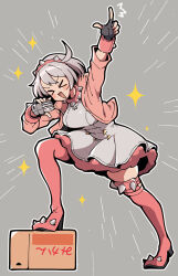 &gt;_&lt; 1girl ahoge arm_up blush boots breasts collar cropped_jacket dress elphelt_valentine full_body grey_background guilty_gear guilty_gear_strive hairband highres holding holding_microphone itsuka_neru jacket medium_breasts microphone open_clothes open_jacket open_mouth pink_collar pink_footwear pink_hairband pink_jacket short_hair solo sparkle spiked_collar spiked_hairband spikes thigh_boots white_dress white_hair