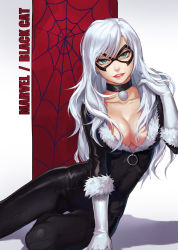  1girl black_cat_(marvel) blue_eyes bodysuit breasts cleavage collar felicia_hardy gradient_background large_breasts lipstick long_hair makeup marvel mask parted_lips soul4444 spider-man_(series) tagme white_hair 