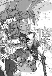  4girls absurdres animal_ears bag belt_pouch blue_archive city cityscape combat_helmet dithering fake_animal_ears gloves greyscale gun halo helicopter_interior helmet highres holding holding_gun holding_rope holding_weapon knee_pads lahti-saloranta_m/26 long_sleeves miyako_(blue_archive) miyu_(blue_archive) moe_(blue_archive) monochrome multiple_girls neckerchief pleated_skirt pouch rabbit_ears rabbit_platoon_(blue_archive) rope round_eyewear sailor_collar saki_(blue_archive) school_uniform shoes short_hair skirt small_sweatdrop sneakers squatting stahlhelm umiwashi vehicle_interior weapon 