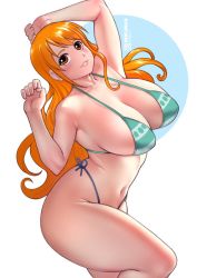  1girl ass bare_arms bare_shoulders bikini bokuman breasts cleavage cowboy_shot curvy female_focus hip_focus huge_ass huge_breasts large_breasts long_hair looking_at_viewer nami_(one_piece) navel one_piece orange_eyes pirate shiny_skin side-tie_bikini_bottom sidelocks solo standing standing_on_one_leg stomach swimsuit thick_thighs thighs thong thong_bikini wide_hips  rating:Sensitive score:132 user:TeeJay