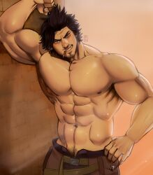  1boy abdominal_line abs adonis_belt arm_up bara biceps black_clover black_hair bolloxxxz cigarette facial_hair flexing goatee hand_on_own_hip highres large_pectorals leaning_to_the_side leather looking_at_viewer male_focus male_pubic_hair mature_male muscular muscular_male mustache navel navel_hair nipples open_pants pants pectorals pubic_hair pubic_hair_peek seductive_smile shiny_skin short_hair sideburns smile smoking solo spiked_hair stomach stubble sweat thick_arms topless_male yami_sukehiro 