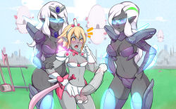  3girls 5-ish armor ball_bra blonde_hair blush bow breasts bulge cleavage condom condom_on_penis cum dark_elf dark_skin drowtales drowtales:_space_age elf embarrassed erection erection_under_clothes futanari highres huge_penis kyne long_hair medium_breasts multiple_girls nature navel newhalf outdoors penis pink_theme pointy_ears princess_claire purple_eyes silice sky standing sword testicles tiara training uncensored used_condom used_condom_on_penis warrior weapon white_hair yellow_eyes  rating:Explicit score:41 user:JarvinXXII