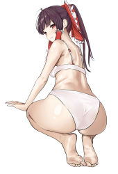 1girl absurdres ahoge arm_support ass ass_focus back bare_shoulders bow bra brown_hair commentary_request feet from_behind full_body hair_bow hair_tubes hakurei_reimu highres kaoshuzi long_hair looking_at_viewer panties ponytail red_eyes simple_background soles solo toes touhou underwear underwear_only white_background white_bra white_panties rating:Questionable score:39 user:danbooru