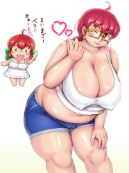  2girls ahoge belly blush breasts brown_hair chibi chibi_inset cleavage covered_erect_nipples dress facing_viewer fat glasses gradient_background heart huge_breasts inamori_futayo inamori_megumi looking_at_viewer mature_female midriff mother_and_daughter multiple_girls navel nipples one_eye_closed original orizen pink_eyes pink_hair plump shiny_skin short_shorts shorts simple_background smile standing sundress translated 