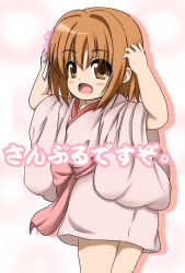  1girl arms_up bad_id bad_pixiv_id blush brown_eyes brown_hair capricorn1226 child flower from_behind hair_flower hair_ornament highres japanese_clothes kimono looking_back nene_(oda_nobuna_no_yabou) oda_nobuna_no_yabou pink_kimono short_hair smile solo yukata 