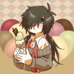  1girl black_hair blue_eyes checkered_background collared_shirt cropped_torso female_focus food food-themed_background grey_sweater hair_over_one_eye ice_cream ice_cream_cone low_twintails messy_hair necktie off-shoulder_sweater off_shoulder open_mouth pop&#039;n_music red_necktie seuteko shirt solo sweater twintails undone_necktie upper_body uta_(pop&#039;n_music) white_shirt 