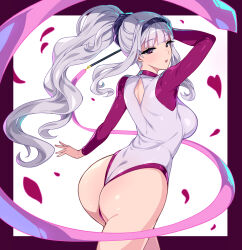  1girl ass ballerina breasts commentary_request from_behind hair_ornament hairband hidebou highres idolmaster idolmaster_(classic) large_breasts leotard long_hair long_sleeves looking_at_viewer looking_back open_mouth ponytail purple_eyes purple_hairband purple_leotard shijou_takane sidelocks smile thighs 