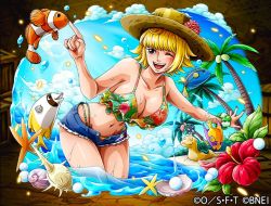  1girl bare_arms bare_shoulders beach bikini bikini_top_only blush breasts brown_eyes cleavage cloud curvy denim denim_shorts fish flower hat large_breasts marguerite_(one_piece) nail_polish navel ocean official_art one_eye_closed one_piece open_mouth outdoors red_nails shell short_hair shorts sky stomach straw_hat swimsuit teeth thick_thighs thighs tongue water wide_hips wink  rating:Sensitive score:40 user:TeeJay