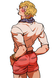  1boy absurdres ass back belt blonde_hair cigarette commentary curly_eyebrows english_commentary facial_hair goatee hair_over_one_eye highres holding jacket jewelry looking_at_viewer looking_back male_focus mouth_hold official_alternate_costume one_piece one_piece_film:_red pink_shorts rita_ya sanji_(one_piece) shirt short_hair short_shorts shorts smile smirk sunglasses wavy_hair white_background yellow_jacket 