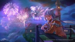  1girl :d aerial_fireworks animal_ear_fluff animal_ears brown_eyes brown_jumpsuit building cloud cloudy_sky commentary commission english_commentary fangs fireworks grey_hair jumpsuit long_sleeves looking_at_viewer nia_(xenoblade) night night_sky open_mouth outdoors puffy_long_sleeves puffy_sleeves railing sky smile soc_nau solo twitter_username watermark xenoblade_chronicles_(series) xenoblade_chronicles_2 