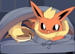  bed_invitation blanket blush commentary_request creatures_(company) eevee flareon full_body game_freak gen_1_pokemon lets0020 looking_at_viewer nintendo no_humans open_mouth pokemon pokemon_(creature) smile under_covers 