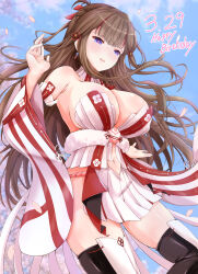 +_+ 1girl blue_eyes blush bow breasts brown_hair cherry_blossoms chinese_knot cleavage clothing_cutout detached_sleeves earrings falling_petals flower flower-shaped_pupils flower_necklace fundoshi hair_bow hair_ornament hair_rings happy_birthday highres japanese_clothes jewelry large_breasts long_hair midair mismatched_earrings multicolored_hair navel navel_cutout neck_tassel necklace no_bra open_mouth petals pink_pupils red_hair revealing_clothes ryou.r senran_kagura smile streaked_hair symbol-shaped_pupils thighhighs toki_(senran_kagura) 