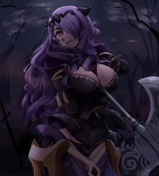  1girl armor axe bare_tree battle_axe between_breasts black_armor black_panties boots breasts camilla_(fire_emblem) cleavage cloud corset dark_sky fire_emblem fire_emblem_fates gloves groin large_breasts lips long_hair looking_at_viewer night night_sky nintendo nm222 panties purple_eyes purple_gloves purple_hair sky smile solo star_(sky) starry_sky strap thigh_boots thighhighs tiara tree underwear vambraces very_long_hair weapon  rating:Sensitive score:22 user:danbooru