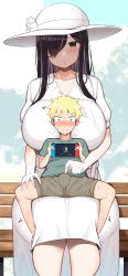  1boy 1girl 2channel absurdres age_difference bench black_eyes black_hair blonde_hair blue_eyes blush breasts bulge collarbone commentary_request constricted_pupils dress embarrassed erection erection_under_clothes grey_shorts hair_over_one_eye hand_on_another&#039;s_thigh hasshaku-sama hat hetero highres huge_breasts jakko long_hair nintendo_switch nose_blush onee-shota poking_penis shorts shota sitting sitting_on_lap sitting_on_person spread_legs sun_hat sweat tall_female v-shaped_eyebrows wavy_mouth white_dress white_headwear you_gonna_get_raped  rating:Explicit score:356 user:danbooru