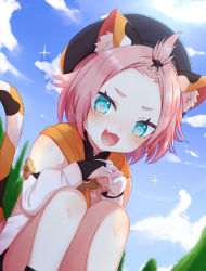 1girl :3 :d animal_ear_fluff animal_ears aqua_eyes bangs_pinned_back blue_sky blurry cat_ears cat_girl cat_tail cloud cloudy_sky commentary_request depth_of_field detached_sleeves diona_(genshin_impact) fang genshin_impact hair_ribbon hat heart heart-shaped_pupils highres hoshino_hikari looking_at_viewer open_mouth pink_hair ribbon shade short_hair sidelocks sitting sky smile solo sunlight symbol-shaped_pupils tail thick_eyebrows rating:Sensitive score:15 user:danbooru
