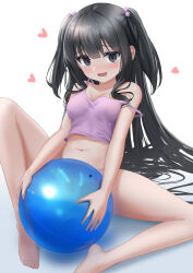  1girl :d ball bare_arms bare_legs bare_shoulders barefoot black_eyes black_hair blunt_bangs blush bottomless breasts camisole covering_crotch covering_privates crop_top cube_hair_ornament exercise_ball furrowed_brow hair_between_eyes hair_ornament hair_spread_out heart highres holding holding_ball knee_up leaning_back long_hair looking_at_viewer lower_teeth_only naughty_face navel open_mouth original pink_camisole pussy see-through shadow simple_background sitting small_breasts smile solo spread_legs strap_slip syatihoko123 teeth two_side_up very_long_hair white_background  rating:Questionable score:38 user:Sir_Cumalot