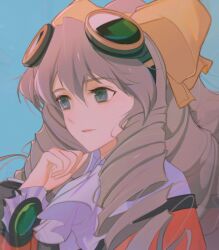  1girl blue_eyes bow dress drill_hair goggles goggles_on_head grey_hair hair_bow highres light_smile long_hair looking_to_the_side maria_balthasar nagamerin parted_lips solo upper_body xenogears yellow_bow 