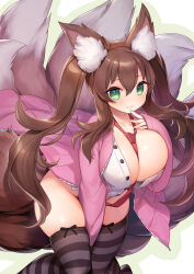  1girl animal_ear_fluff animal_ears between_breasts black_thighhighs blush bottomless bow_legwear breasts brown_hair cardigan cleavage closed_mouth collarbone feet_out_of_frame finger_to_mouth fluffy fox_ears fox_girl fox_tail green_eyes hair_between_eyes highres jacket kitsune kyuubi large_breasts long_hair long_sleeves looking_at_viewer mg_kurino multiple_tails necktie necktie_between_breasts open_cardigan open_clothes open_jacket open_shirt original pink_cardigan pink_jacket plushmallow red_necktie shirt simple_background smile solo striped_clothes striped_thighhighs tail thighhighs thighs twintails very_long_hair white_background white_shirt 