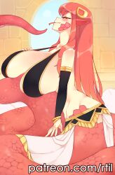 absurdres artist_name blush bracelet breasts detached_sleeves fang forked_tongue from_side highres huge_breasts jewelry lamia long_hair long_tongue looking_at_viewer looking_back mature_female miia&#039;s_mother monster_girl monster_musume_no_iru_nichijou patreon_username pointy_ears red_hair red_scales rtil scales smile tongue unaligned_breasts watermark web_address 