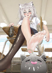 1girl ahoge andy2465 animal_ear_fluff animal_ears barefoot black_nails blush brown_footwear brown_pantyhose chinese_commentary classroom commentary crossed_legs ear_piercing english_commentary fangs feet feet_on_toy foot_focus foreshortening grey_eyes grey_hair hair_between_eyes highres holding holding_shoes hololive jewelry legs lion_ears lion_girl loafers long_hair looking_at_viewer mixed-language_commentary nail_polish necklace no_shoes open_mouth pantyhose piercing pleated_skirt school_uniform shiny_skin shishiro_botan shoes unworn_shoes short_sleeves sidelocks single_leg_pantyhose skirt soles solo ssrb_(shishiro_botan) sweat sweatdrop toenail_polish toenails toes torn_clothes torn_pantyhose virtual_youtuber rating:Sensitive score:114 user:danbooru