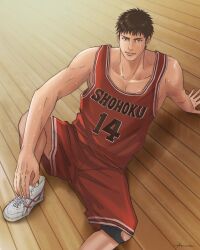  1boy azzurro_000 basketball_jersey basketball_uniform black_eyes black_hair foot_out_of_frame highres indoors knee_pads looking_at_viewer male_focus mitsui_hisashi on_floor pectoral_cleavage pectorals red_shorts red_tank_top scar scar_on_chin scar_on_face short_hair shorts single_knee_pad sitting slam_dunk_(series) smile solo sportswear sweat tank_top toned toned_male 