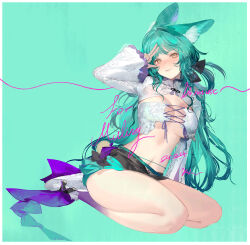  1girl animal_ear_fluff animal_ears aqua_background aqua_hair aqua_panties bare_legs black_bow black_skirt blush border bow bra breasts center_opening closed_mouth collared_shrug colored_skin commentary commission commissioner_name cross-laced_bra cross-laced_clothes cross-laced_skirt floral_print footwear_ribbon frilled_shirt_collar frilled_sleeves frills full_body gradient_skin hair_bow hand_on_own_head high_collar highres kneeling kurikabacha lipstick long_hair long_sleeves looking_at_viewer makeup microskirt navel original panties pink_lips purple_ribbon purple_skin rabbit_ears rabbit_tail ribbon sample_watermark shoes simple_background skirt smile sneakers solo stomach symbol-only_commentary tail thighs underboob underwear very_long_hair watermark white_border white_bra white_footwear white_shrug wide_sleeves yellow_eyes 