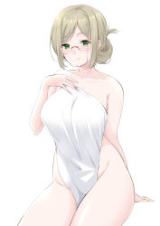  1girl apron bangs breasts brown_hair commentary_request folded_ponytail glasses green_eyes highres kantai_collection katori_(kancolle) large_breasts looking_at_viewer naked_apron parted_bangs rimless_eyewear sitting smile solo takomeshi towel white_towel 