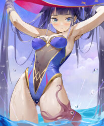 1girl alternate_costume aqua_eyes armpits arms_up bare_arms bare_shoulders black_hair blunt_bangs blush cloud covered_erect_nipples covered_navel genshin_impact gluteal_fold gold_trim hat highleg highleg_leotard highres leotard long_hair looking_at_viewer midfinger mona_(genshin_impact) no_legwear octopus outdoors purple_leotard rain sidelocks sky solo strapless strapless_leotard thighs twintails very_long_hair wading water wet witch_hat rating:Sensitive score:56 user:danbooru
