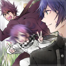  3boys annoyed arm_belt belt black_jacket black_scarf blue_hair blurry buttons chain checkered_clothes checkered_scarf closed_mouth coat coat_partially_removed collared_shirt commentary_request cowboy_shot danganronpa_(series) danganronpa_v3:_killing_harmony double-breasted double_v eyelashes fang grass green_eyes high_collar indoors jacket layered_sleeves long_sleeves looking_at_another lowres male_focus momota_kaito multiple_boys nervous_smile oma_kokichi open_mouth overgrown pinstripe_jacket pinstripe_pattern purple_coat purple_eyes purple_hair running saihara_shuichi scarf shirt short_hair sleeves_past_wrists smile space_print spiked_hair starry_sky_print sweatdrop teeth two-sided_coat two-sided_fabric two-tone_scarf u_u_ki_u_u upper_body upper_teeth_only v v-shaped_eyebrows wavy_mouth white_belt white_jacket white_scarf wide_sleeves 
