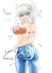  10s 1girl 2015 alternate_breast_size ass blue_eyes blush bra breasts censored censored_nipples closed_mouth convenient_censoring covered_erect_nipples dated feathers glasses head_wings highres huge_ass large_breasts looking_at_viewer melia_antiqua nintendo oborock puffy_nipples red_bra short_hair signature silver_hair simple_background solo standing underwear white_background wings xenoblade_chronicles_(series) 