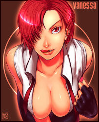  1girl assertive_female bent_over breasts bursting_breasts cleavage come_hither downblouse fingerless_gloves gloves large_breasts leather licking licking_lips lipstick looking_at_viewer makeup mature_female necktie open_mouth red_eyes red_hair sawao seductive_smile short_hair sleeveless smile snk solo the_king_of_fighters tongue tongue_out translation_request upper_body vanessa_(kof)  rating:Sensitive score:92 user:danbooru