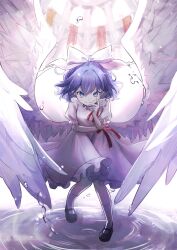 1girl absurdres angel_wings black_footwear blue_eyes blue_hair bow closed_mouth commentary_request dress feathered_wings frilled_dress frills full_body hair_bow hand_on_own_face highres kneehighs mai_(touhou) mary_janes neck_ribbon puffy_short_sleeves puffy_sleeves red_ribbon red_sash ribbon rokuya_(68_zusao) sash shoes short_hair short_sleeves smile smirk socks solo standing standing_on_liquid touhou touhou_(pc-98) water white_dress white_footwear white_socks white_wings wings 