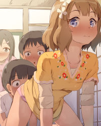 2boys 2girls :o all_fours black_hair blouse blue_eyes blush brown_hair child_on_child closed_mouth clothes_lift collarbone commentary_request dress dress_lift floral_dress floral_print flower hair_flower hair_ornament hairclip heart heart_print heart_shirt highres idolmaster idolmaster_million_live! implied_cunnilingus indoors layered_clothes loli looking_at_another looking_at_pussy multicolored_clothes multicolored_dress multiple_boys multiple_girls open_mouth panties panty_peek pink_panties pink_shirt print_clothes print_dress seneto shirt shirt_under_dress short_hair short_sleeves shota suou_momoko underwear underwear_peek white_shirt yellow_dress rating:Questionable score:772 user:danbooru