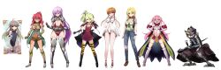  2boys 6+girls akaimato ange_(demonsroots) armor bikini blonde_hair breasts brown_hair colored_skin commentary_request cyclops dark-skinned_female dark_skin deathpolca demons_roots denim diana_(demonsroots) dress expressionless flat_chest full_body green_hair green_skin grey_hair highres horns kalinka_(demonsroots) knight large_breasts lily_killer mebius_(demonsroots) multiple_boys multiple_girls najezta_(demonsroots) navel one-eyed open_mouth pink_hair ponytail purple_hair red_hair restrained revealing_clothes sarasa_(demonsroots) short_dress single_horn smile striped_clothes striped_thighhighs swimsuit tachi-e thighhighs through_wall transparent_background trap zettai_ryouiki 