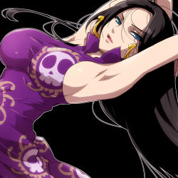 1girl amazon_warrior armpits arms_up black_hair blue_eyes boa_hancock breasts china_dress chinese_clothes dress earrings hairu jewelry large_breasts long_hair lowres marineford one_piece sideboob simple_background solo rating:Sensitive score:95 user:danbooru