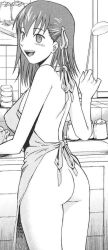  1girl apron ass blush breasts cooking denkichi fate/stay_night fate_(series) female_focus from_behind indoors kitchen ladle large_breasts matou_sakura monochrome naked_apron open_mouth smile solo standing  rating:Explicit score:13 user:persona_dude