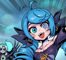 1boy 1girl :d ahoge bare_shoulders black_bow black_jacket blue_eyes blue_hair blush bow breasts collarbone commentary dress drill_hair eulogy_of_the_isles ghost gradient_background green_background grey_hair gwen_(league_of_legends) hair_bow jacket league_of_legends medium_hair off-shoulder_dress off_shoulder open_clothes open_jacket open_mouth phantom_ix_row short_sleeves small_breasts smile symbol-only_commentary teeth tongue twin_drills twintails upper_teeth_only viego_(league_of_legends) rating:Sensitive score:8 user:danbooru
