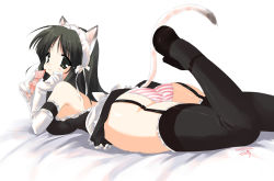  1girl animal_ears apron arm_garter ass bed black_dress black_eyes black_hair black_thighhighs breasts cat_ears cat_tail condom condom_packet_strip condom_wrapper dress elbow_gloves frilled_thighhighs frills garter_belt gloves large_breasts leg_lift lingerie long_hair looking_back lying maid maid_apron on_stomach original panties pantyshot pink_panties plump short_dress solo striped_clothes striped_panties tail thighhighs underwear upskirt white_gloves  rating:Explicit score:36 user:danbooru
