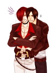  2boys angry brown_eyes brown_hair collar gloves kusanagi_kyou male_focus multiple_boys red_hair smile snk the_king_of_fighters white_background yagami_iori yaoi  rating:Sensitive score:8 user:lorddragon