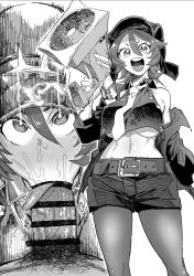  1boy 1girl :&gt;= :d alchemy_stars alternate_breast_size bar_censor belt blush breasts censored character_request collared_shirt cropped_shirt dekosukentr fellatio full-face_blush greyscale hair_between_eyes hat hetero highres holding holding_megaphone jacket large_breasts looking_at_viewer male_pubic_hair megaphone monochrome navel necktie off_shoulder open_mouth oral pantyhose penis pov pov_crotch pubic_hair shirt short_shorts shorts smile stray_pubic_hair sweat teeth tongue tongue_out underboob upper_teeth_only wing_collar  rating:Explicit score:68 user:danbooru