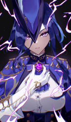  1girl absurdres ascot blue_capelet blue_hat blush breasts capelet clorinde_(genshin_impact) corset earrings elbow_gloves electricity epaulettes genshin_impact gloves hair_ribbon hat highres izanaware_game jewelry large_breasts long_hair long_sleeves looking_at_viewer low_ponytail parted_bangs purple_eyes purple_hair ribbon solo tricorne vision_(genshin_impact) white_gloves 