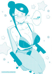  1girl arms_under_breasts asymmetrical_bangs bad_tag bare_shoulders bijin_onna_joushi_takizawa-san black_eyes black_hair blush breasts chair cleavage collarbone crossed_arms curvy embarrassed english_text eyebrows feet_out_of_frame female_focus hair_bun hourglass large_breasts legs legs_together lingerie long_bangs looking_to_the_side mole mole_under_mouth monochrome office_chair office_lady pantyhose parted_bangs simple_background sitting smile solo solo_focus sound_effects speech_bubble star_(symbol) sweat swivel_chair takizawa_kyouko thick_thighs thighhighs thighs underwear yan-baru 