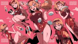  5girls :q absurdres algodoo alice_margatroid baozi black_eyes blonde_hair blush breasts china_dress chinese_clothes cleavage commentary_request cookie_(touhou) double_bun dress feet_out_of_frame flat_chest folding_fan food food-themed_hair_ornament frilled_hairband frills gold_trim grin hair_bun hair_ornament hairband hand_fan highres hinase_(cookie) holding holding_fan holding_smoking_pipe ichigo_(cookie) jigen_(cookie) kiseru large_breasts long_hair looking_at_another looking_at_viewer looking_to_the_side meandros medium_bangs multiple_girls one_eye_closed panties pelvic_curtain pink_background red_dress red_hairband red_skirt rikadai sakuranbou_(cookie) sharp_teeth skirt sleeveless sleeveless_dress smile smoking_pipe strawberry_hair_ornament stuffed_animal stuffed_panda stuffed_toy taisa_(cookie) tangzhuang teeth tongue tongue_out underwear v very_long_hair vocaloid white_panties yellow_eyes yi_er_fan_club_(vocaloid) 