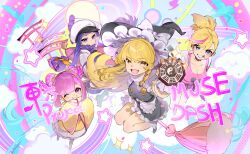  4girls absurdres apron blonde_hair blue_hair bow braid breasts broom broom_riding buro_(muse_dash) chinese_clothes cleavage crossover double_bun frills hair_bow hair_bun hands_in_opposite_sleeves hat hat_bow highres instrument jacket kirisame_marisa large_breasts long_hair long_sleeves marija_(muse_dash) marija_(violinist)_(muse_dash) mini-hakkero multicolored_hair multiple_girls muse_dash official_art orange_hair pink_hair rin_(muse_dash) rosele short_sleeves side_braid single_braid skirt star_(symbol) streaked_hair tank_top thighs torii touhou waist_apron witch_hat yellow_eyes 