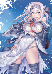 10s 1girl :p ainu ainu_clothes asdj bare_shoulders between_breasts black_thighhighs blue_eyes blue_sky breasts carrot covered_erect_nipples covered_navel cropped_jacket day dress folded_ponytail fundoshi headband highres japanese_clothes kamoi_(kancolle) kantai_collection large_breasts long_hair long_sleeves looking_at_viewer ocean rigging sidelocks sky sleeveless sleeveless_dress solo thick_eyebrows thighhighs thighs tongue tongue_out torn_clothes underboob white_dress white_hair rating:Questionable score:9 user:danbooru
