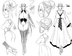 1girl ass blonde_hair bottomless breasts character_sheet concept_art curvy dress elf elieen_(usaginagomu) female_focus full_body huge_breasts large_breasts monochrome multiple_views nipples pointy_ears portrait pubic_hair pussy simple_background sketch standing thick_thighs thigh_gap thighhighs thighs uncensored usagi_nagomu rating:Explicit score:43 user:cheezeit
